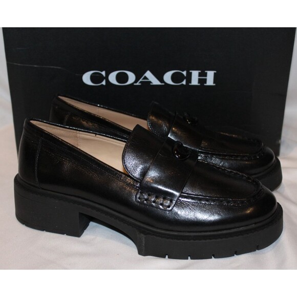 COACH WOMEN'S LEAH LEATHER LUG SOLE PLATFORM LOAFER BLACK NIB - Picture 3 of 7